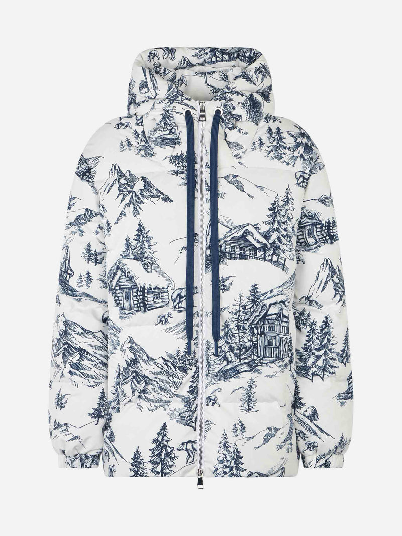 Damen-Daunenjacke mit Kapuze und Toile-de-Jouy-Print