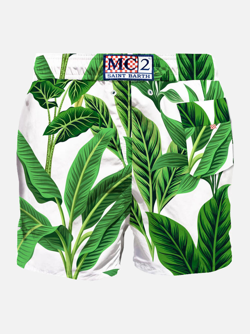 Tropical print mid-length swim shorts