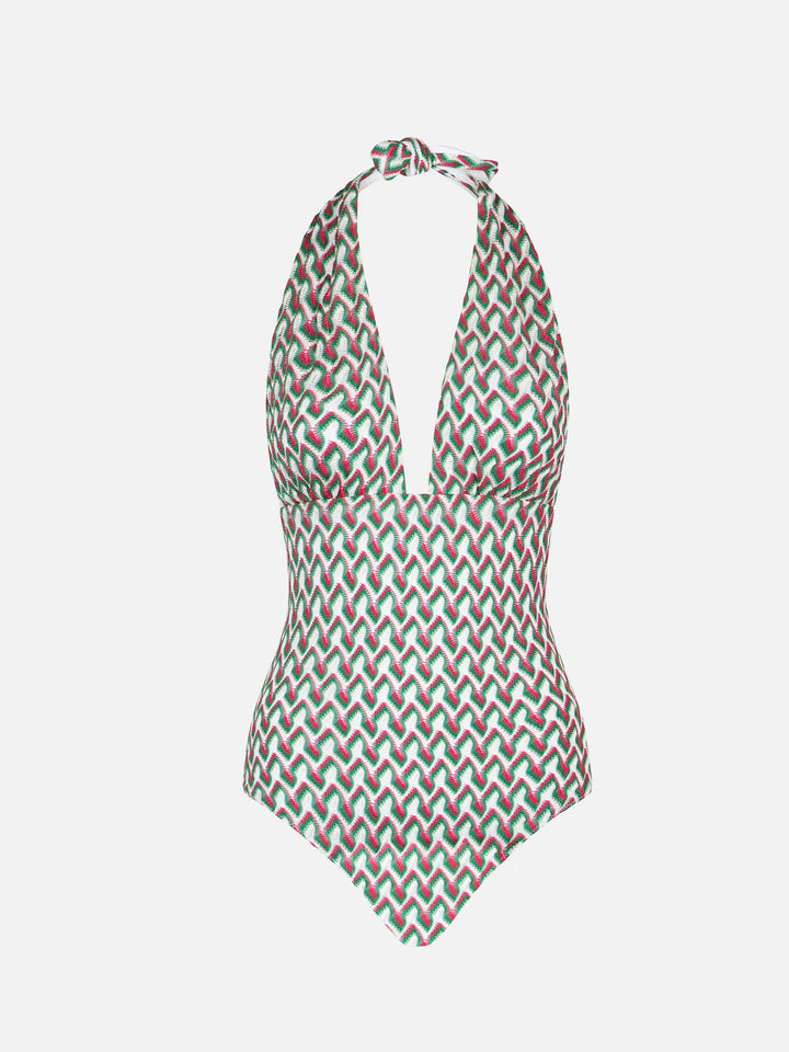Fucsia and green knitted  pattern one piece