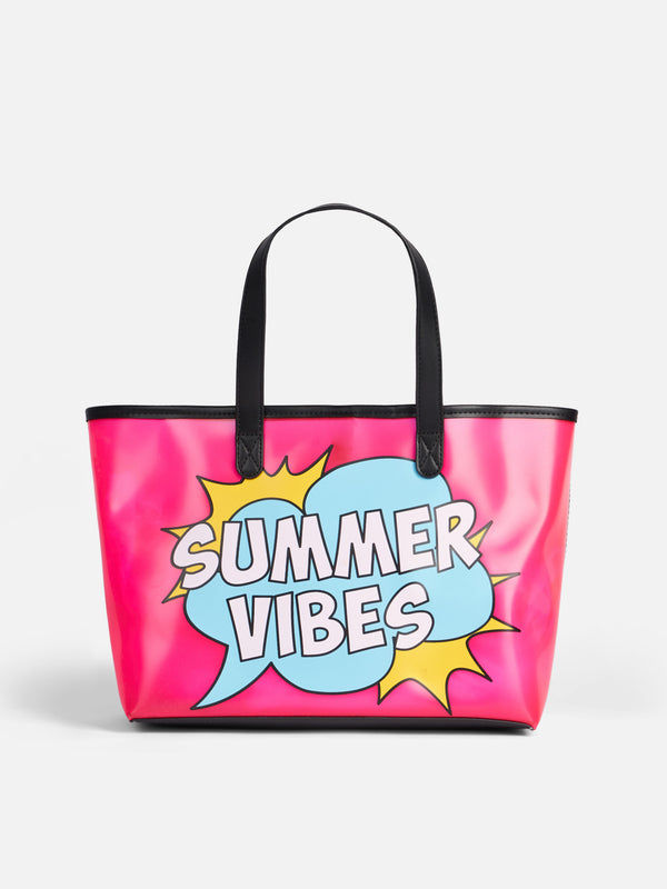 Borsa mare rosa in pvc trasparente con stampa Summer Vibes