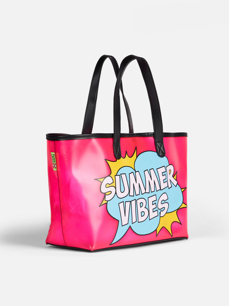 Pink transparent pvc beach bag with Summer Vibes print