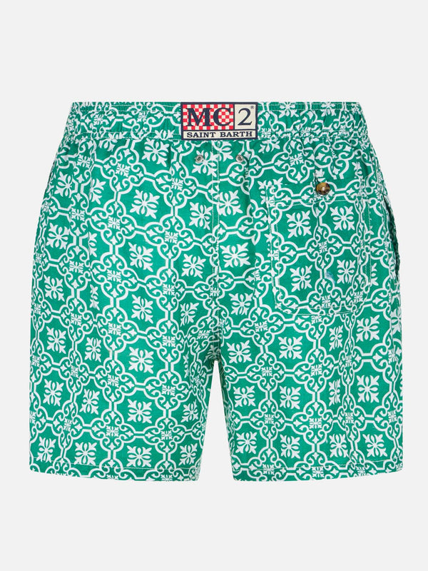 Man linen swim shorts with patterned print