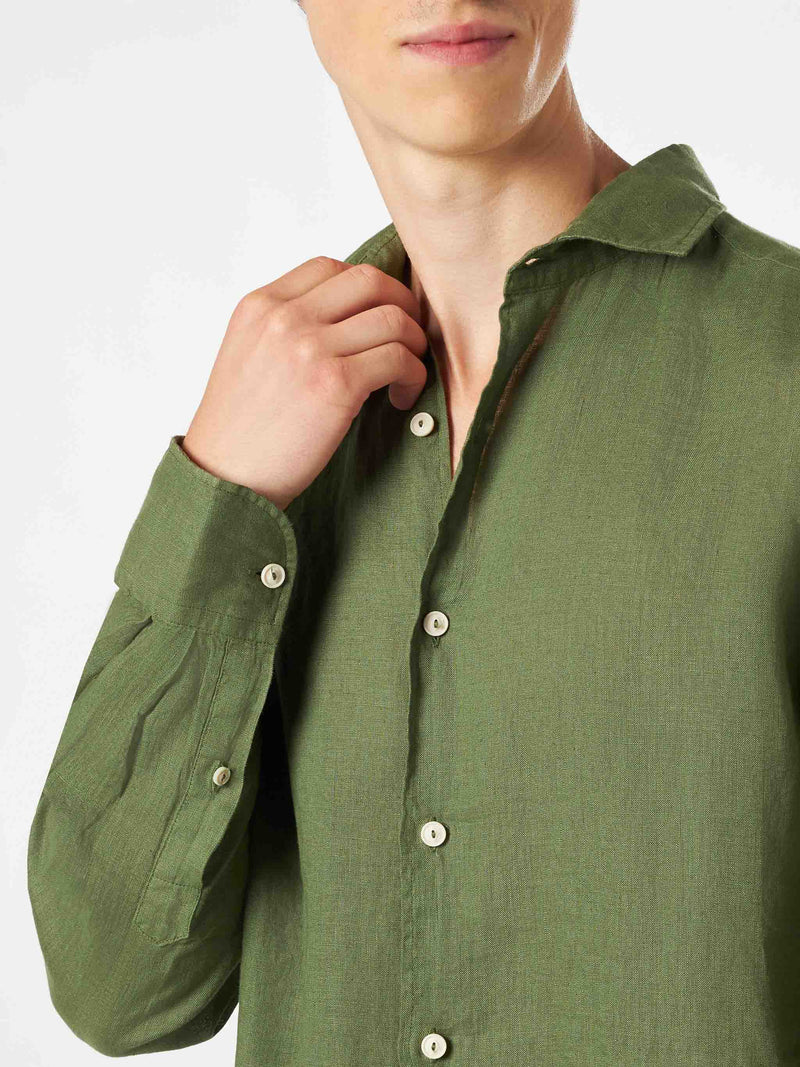 Camicia da uomo in lino verde militare