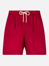 Solid bordeaux mid-length linen swim shorts