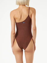 Woman brown lurex one shoulder one-piece swimsuit