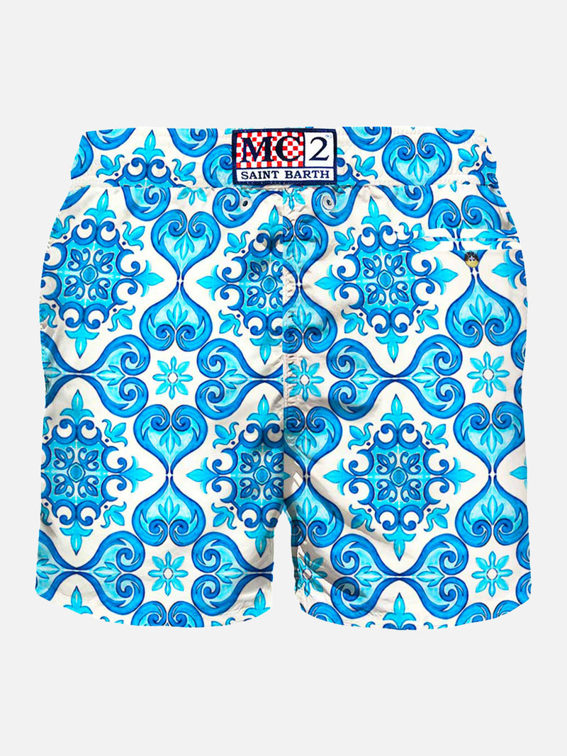 Light fabric man swim shorts maiolica print