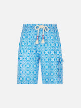 Herren-Bermudashorts aus Leinen mit weißem und hellblauem Majolika-Print