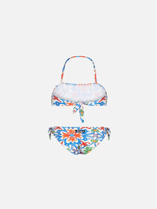 Mädchen-Bandeau-Bikini mit Maiolika-Print