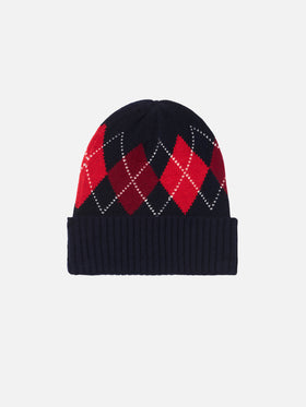 Man blue beanie with argyle print