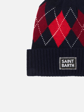 Man blue beanie with argyle print