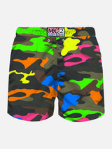 Man light fabric swim shorts with fluo camouflage print