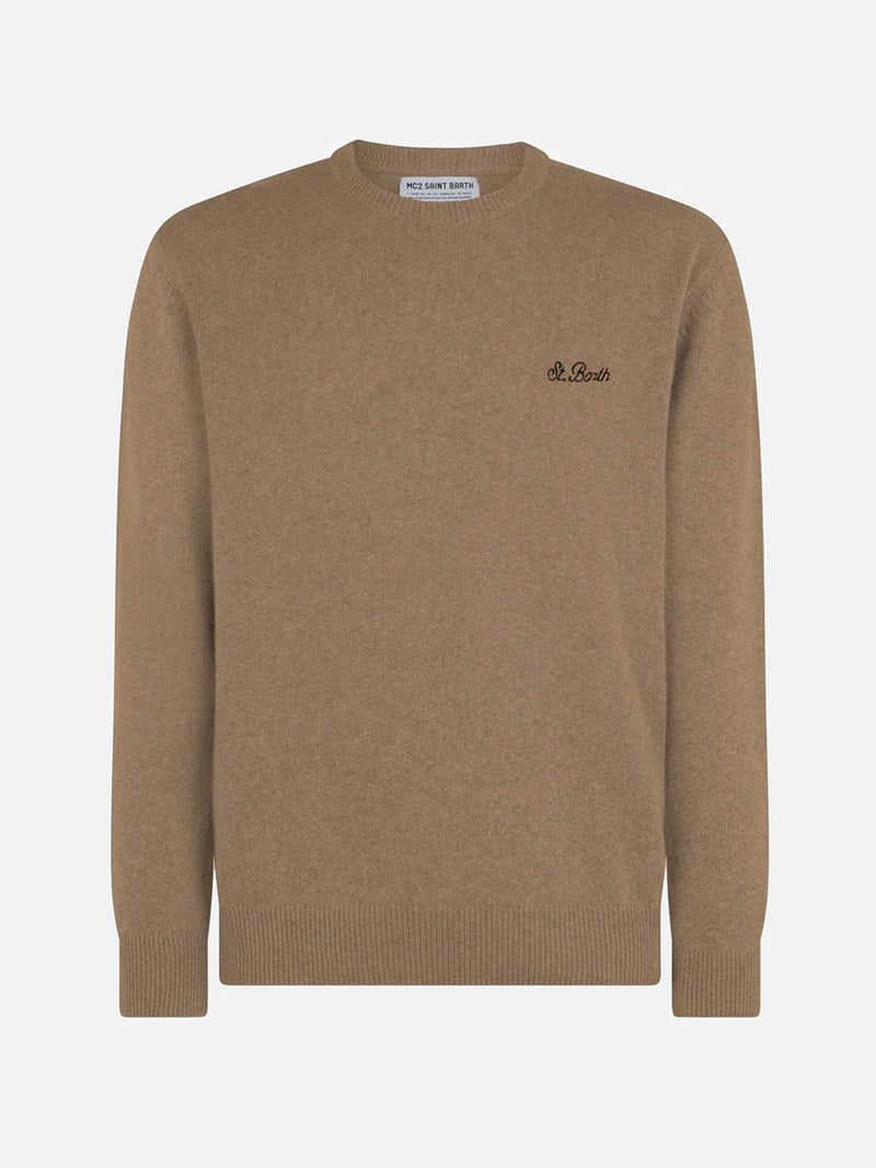 Man crewneck camel lambswool sweater with St. Barth embroidery