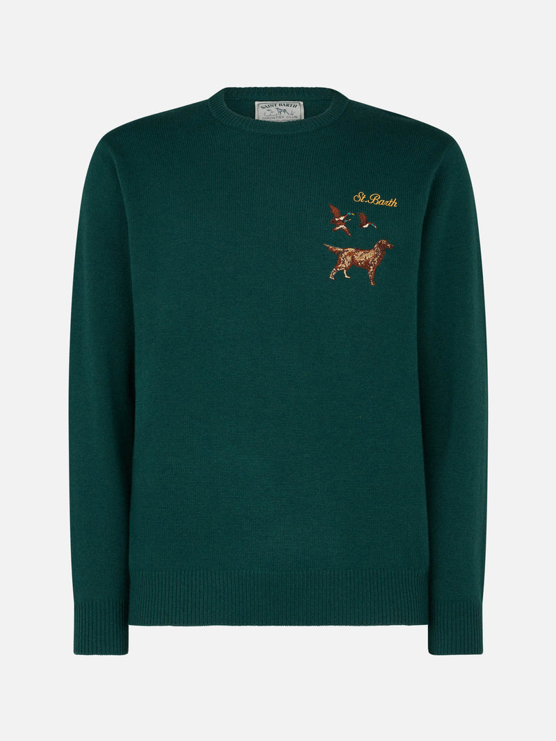 Man crewneck sweater with St. Barth Country Club and dog embroidery