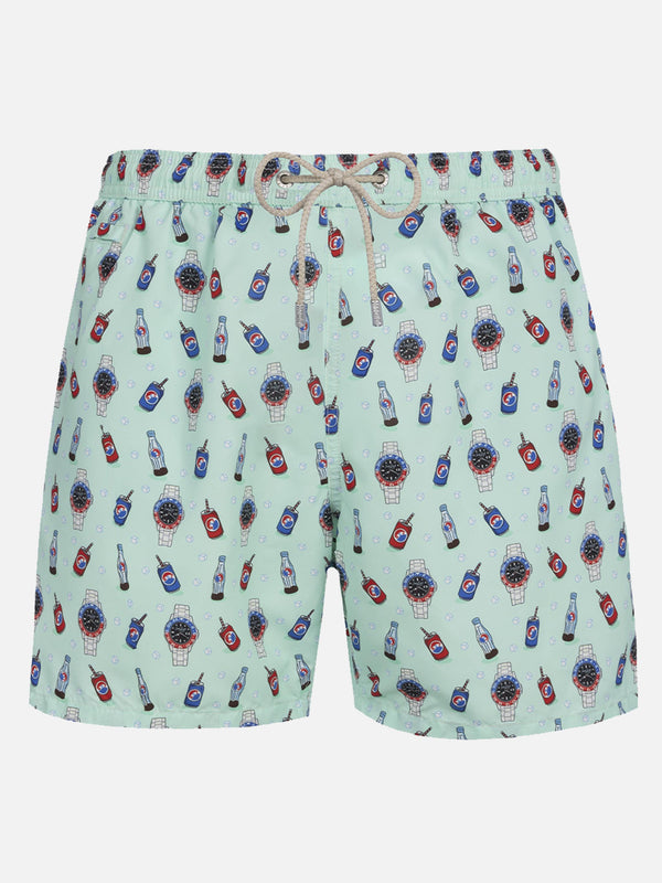 Man lightweight fabric swim-shorts Lighting Micro Fantasy with watches and drinks print