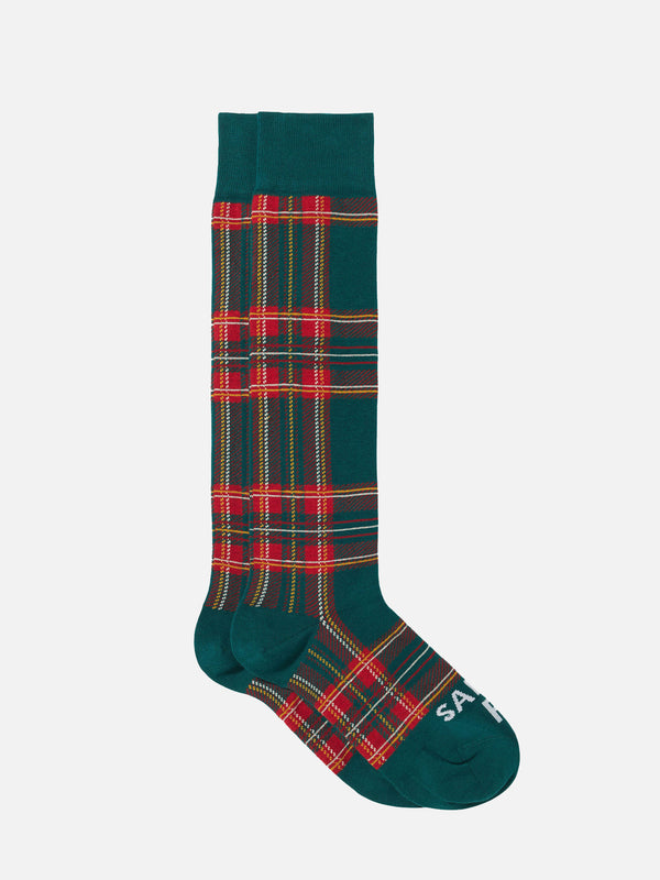 Man long socks with green tartan print