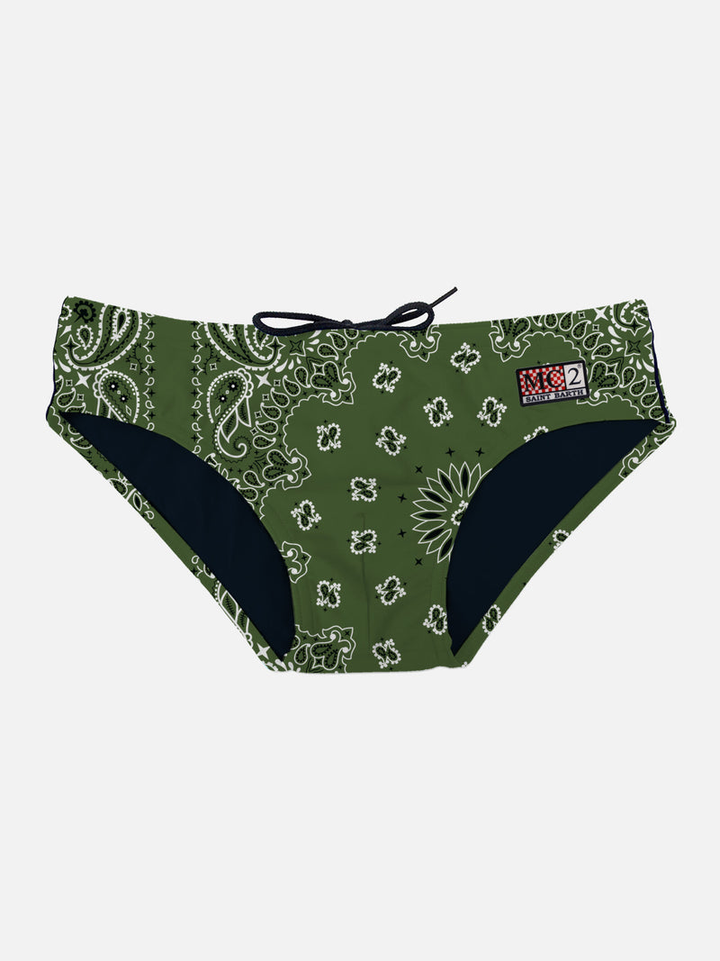 Man swim briefs with military green bandanna print