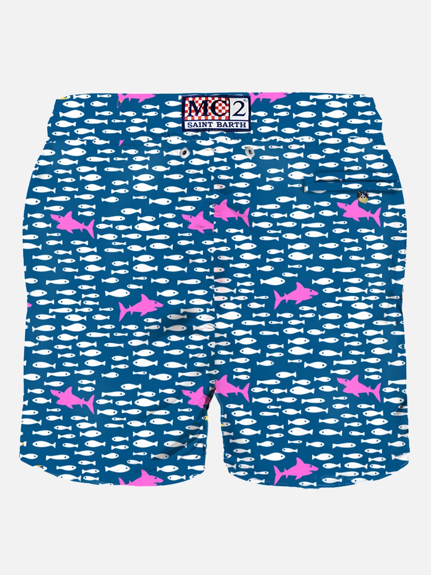 Herren-Badeshorts aus leichtem Stoff mit Fisch- und Hai-Aufdruck