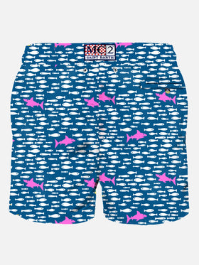 Herren-Badeshorts aus leichtem Stoff mit Fisch- und Hai-Aufdruck