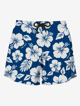 Blaue mittellange Badeshorts mit weißem Blumendruck