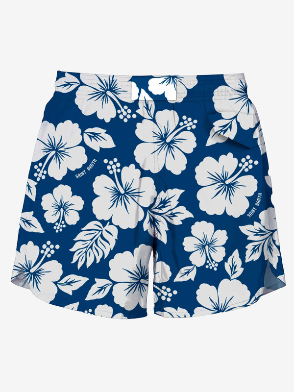 Blaue mittellange Badeshorts mit weißem Blumendruck