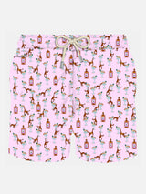 Man light fabric swim shorts with gin and monkey print