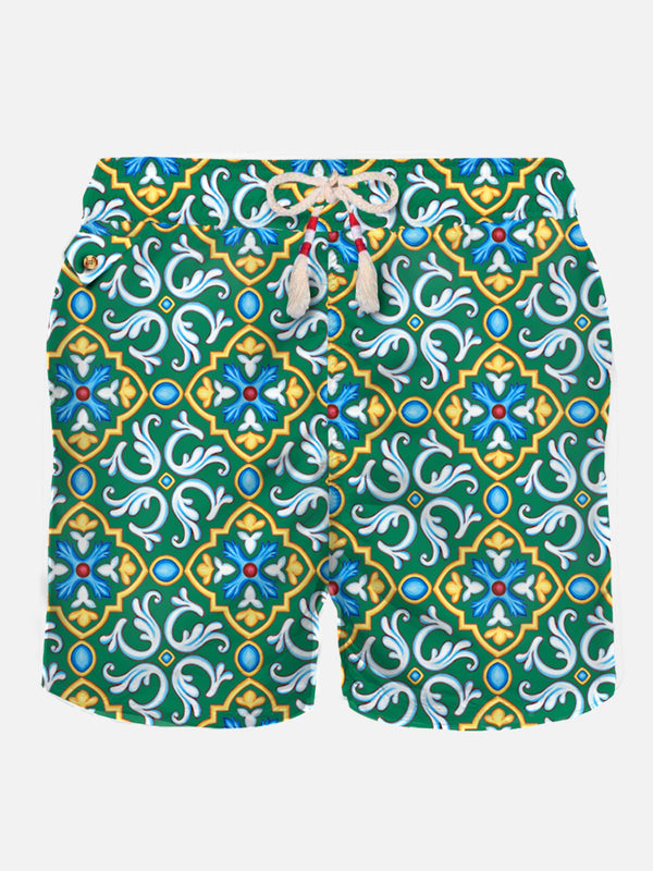 Herren-Badeshorts aus leichtem Stoff mit Majolika-Print