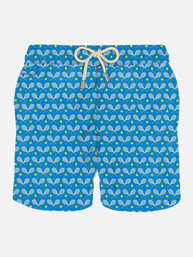 Man light fabric swim shorts with rackets print