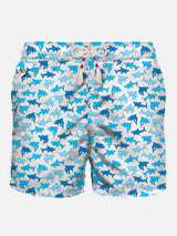 Man light fabric swim shorts with sharks print