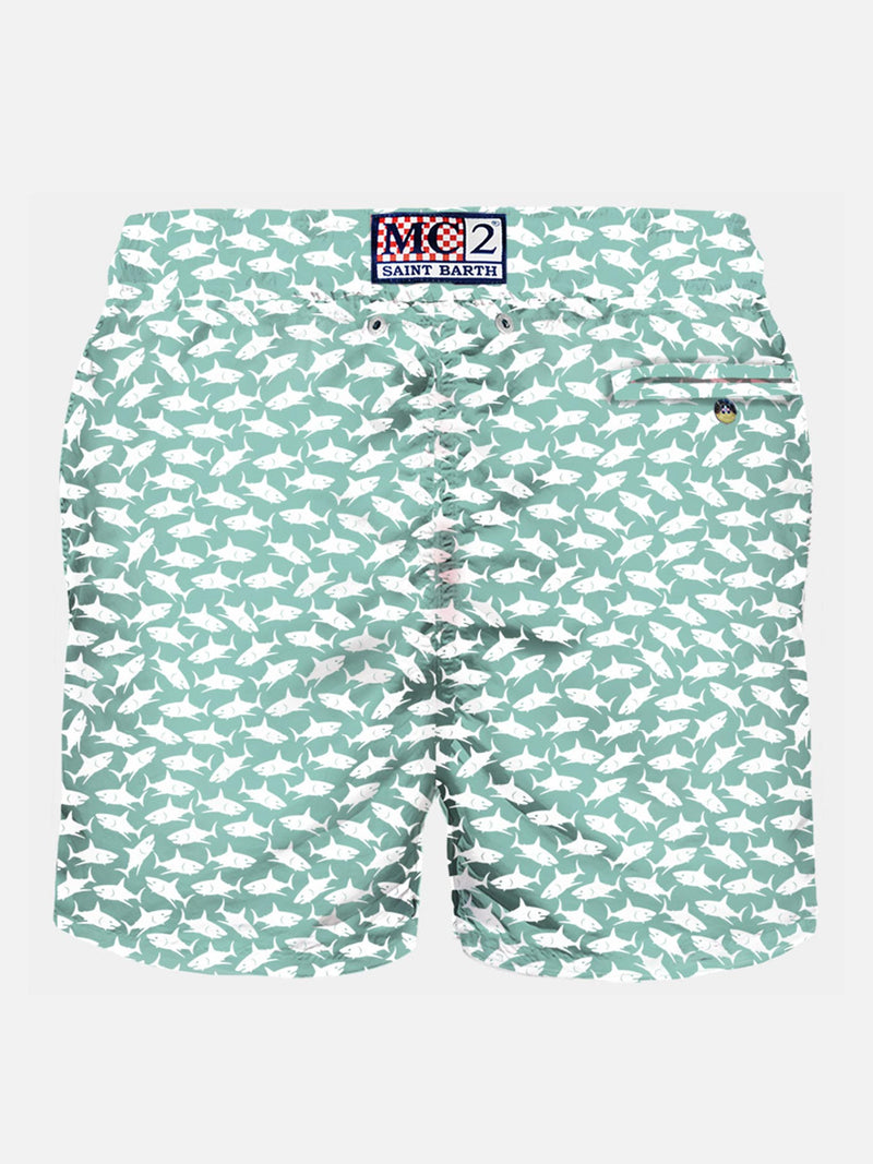 Man light fabric swim shorts with sharks print