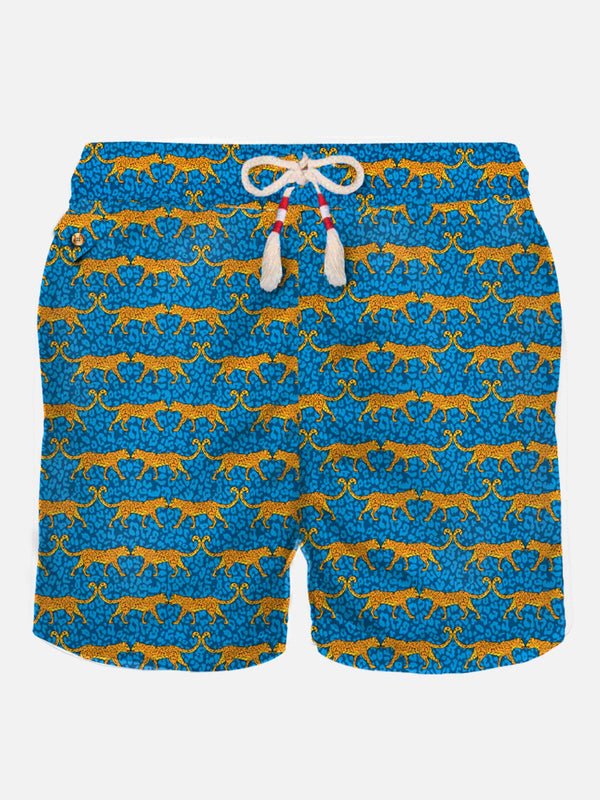 Man light fabric swim shorts with wild cat print