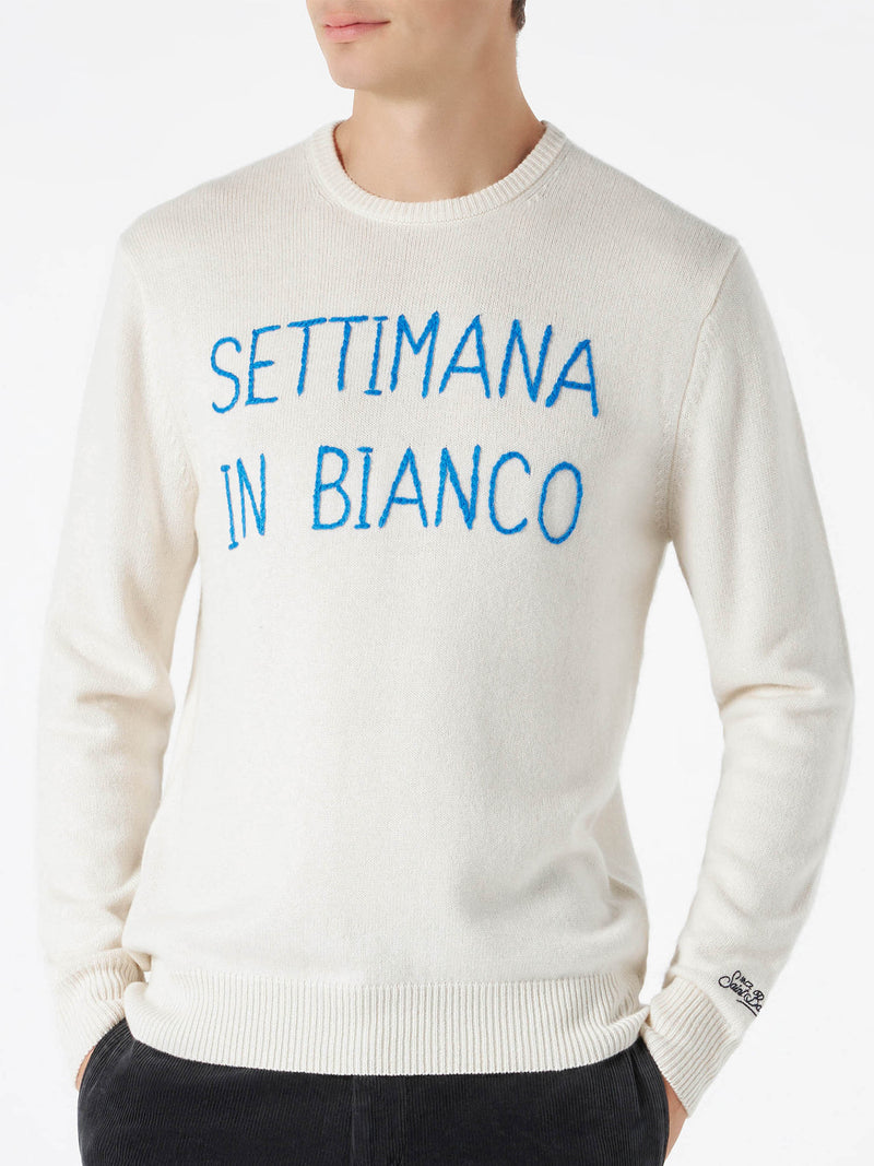 Man white sweater with Settimana in bianco embroidery