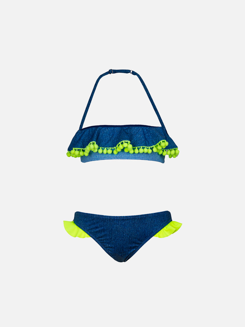 Girl bikini with fluo yellow pompons