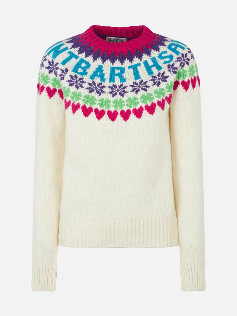 Woman white sweater New Queen with fair isle jacquard