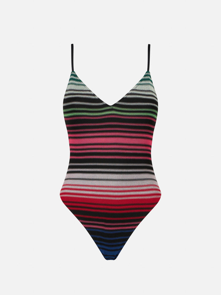 Woman one piece swimsuit with stripes