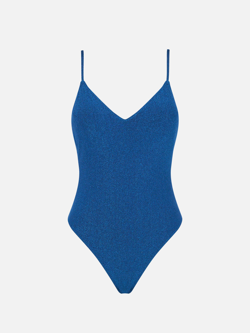 V neck one piece in bluette lurex