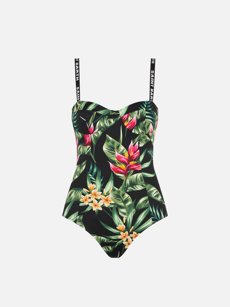 Woman one piece swimsuit with tropical print