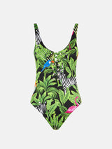 Woman one-piece swimsuit with tropical print