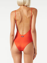 Shiny orange one piece swimsuit