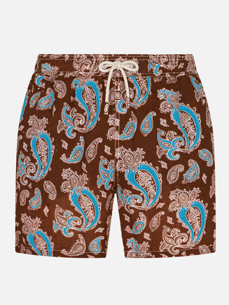 Man linen swim shorts with paisley print