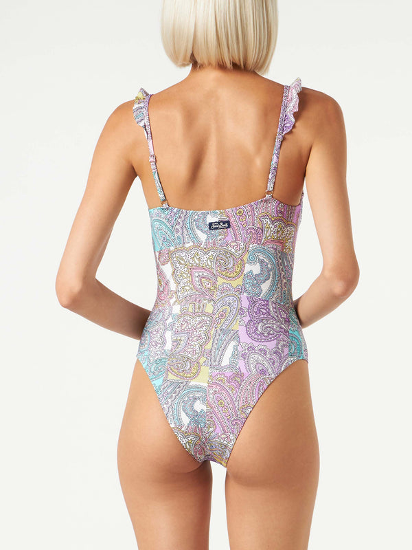 Paisley ruffled one-piece swimsuit