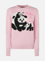 Woman crewneck pink sweater with Mother & Sons embroidery