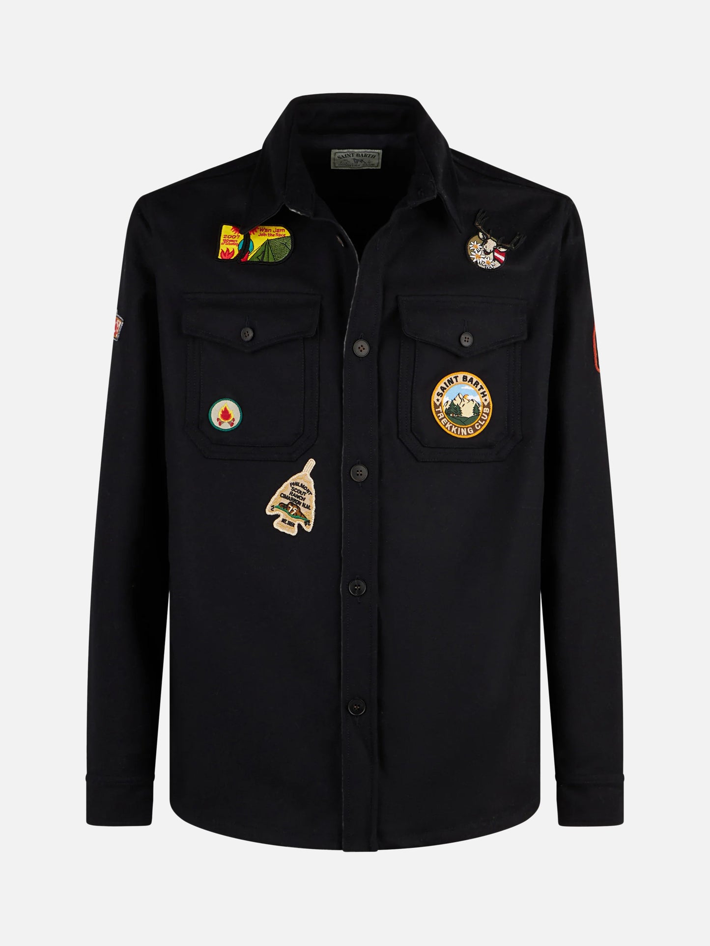 Wolliges blaues Herren-Überhemd mit Taschen und Aufnähern