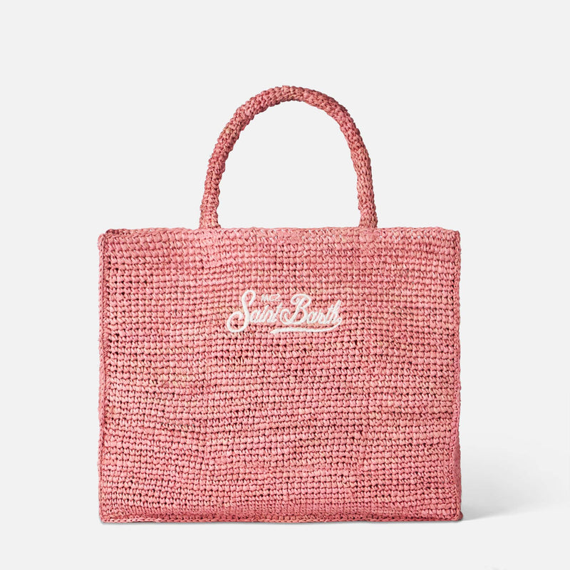 Vanity pink raffia bag with Saint Barth embroidery