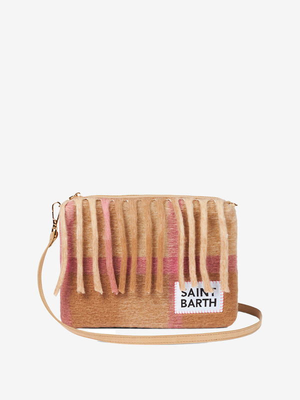 Parisienne blanket crossbody pouch bag with pink and beige tartan pattern