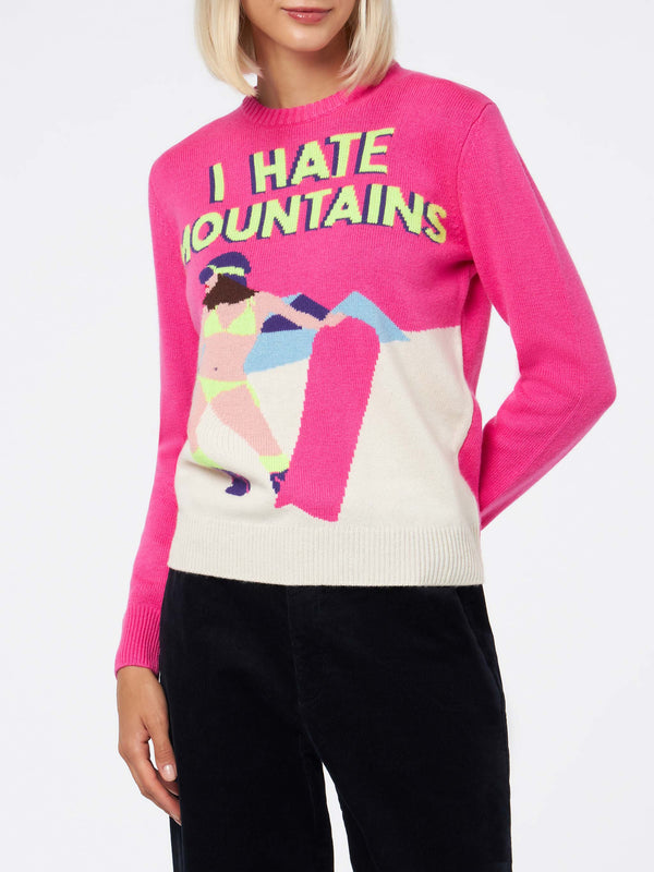 Maglia da donna a girocollo rosa fluo con stampa cartolina I Hate Mountains