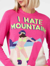 Maglia da donna a girocollo rosa fluo con stampa cartolina I Hate Mountains