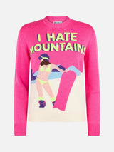 Maglia da donna a girocollo rosa fluo con stampa cartolina I Hate Mountains