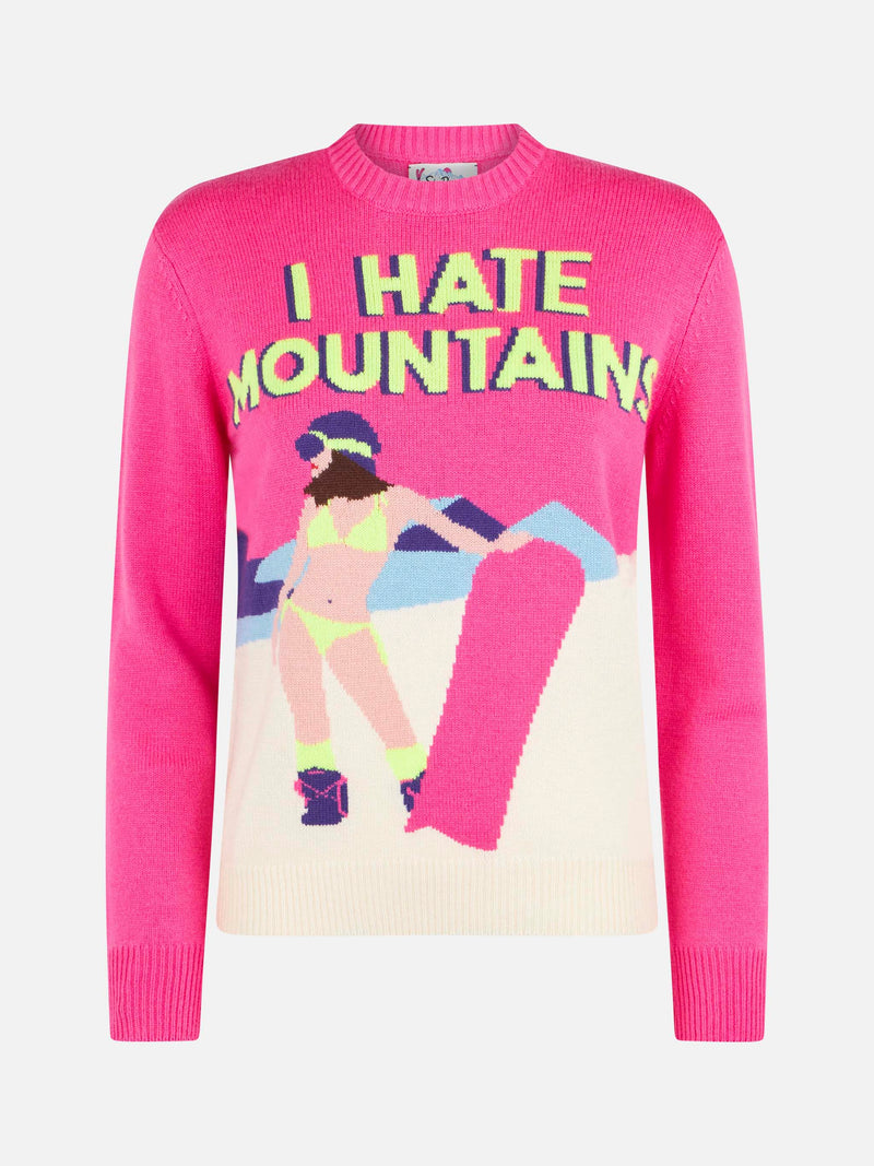 Maglia da donna a girocollo rosa fluo con stampa cartolina I Hate Mountains