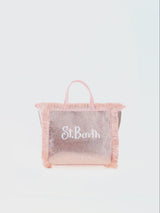 Borsa Mini Vanity con frange e strass rose gold