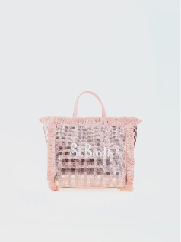 Borsa Mini Vanity con frange e strass rose gold